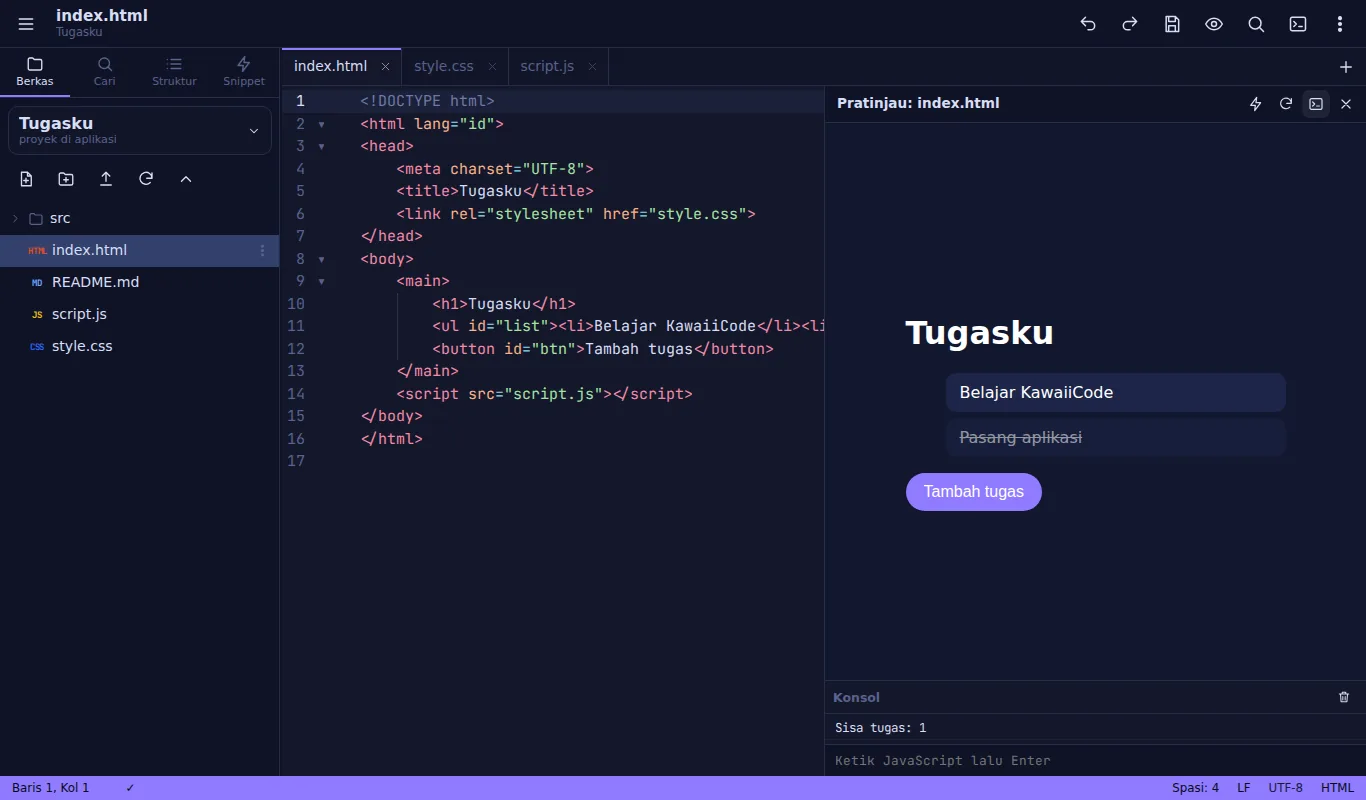 Pratinjau HTML di samping kode