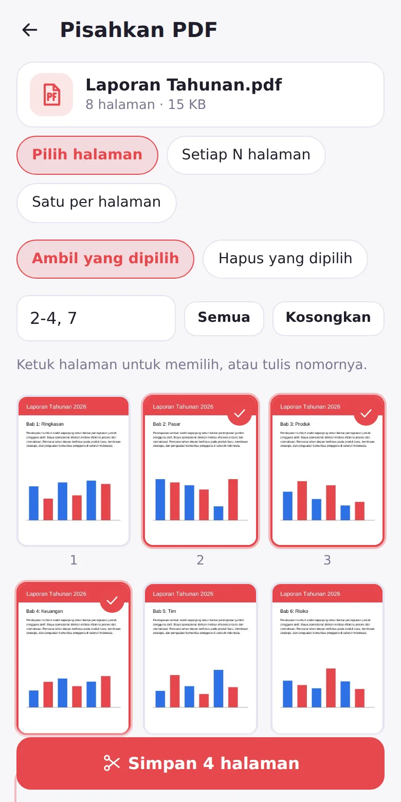 Memilih halaman untuk dipisahkan