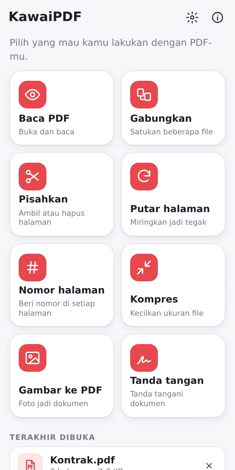 Layar utama dengan delapan alat