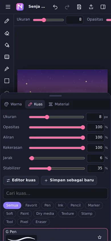 Panel kuas dengan pengaturan ukuran dan stabilizer