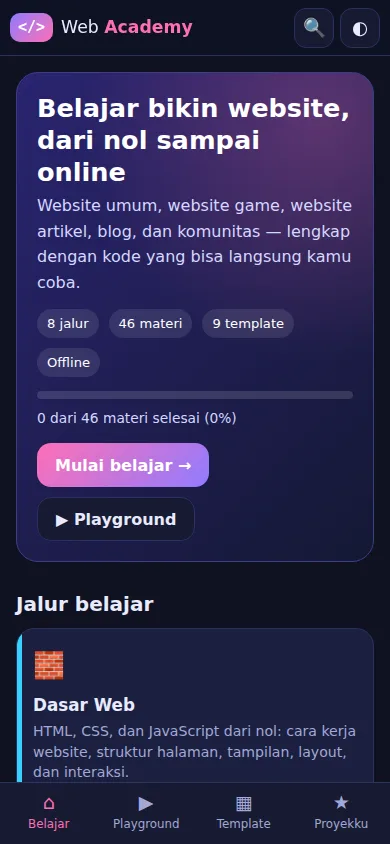 Beranda Web Academy dengan progres belajar